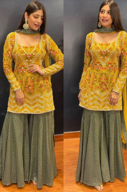 Exclusive Yellow Sharara Suit by Designer Yankita kapoor with Sequin Embroidery Exclusive Yellow Sharara Suit by Designer Yankita kapoor with Sequin Embroidery