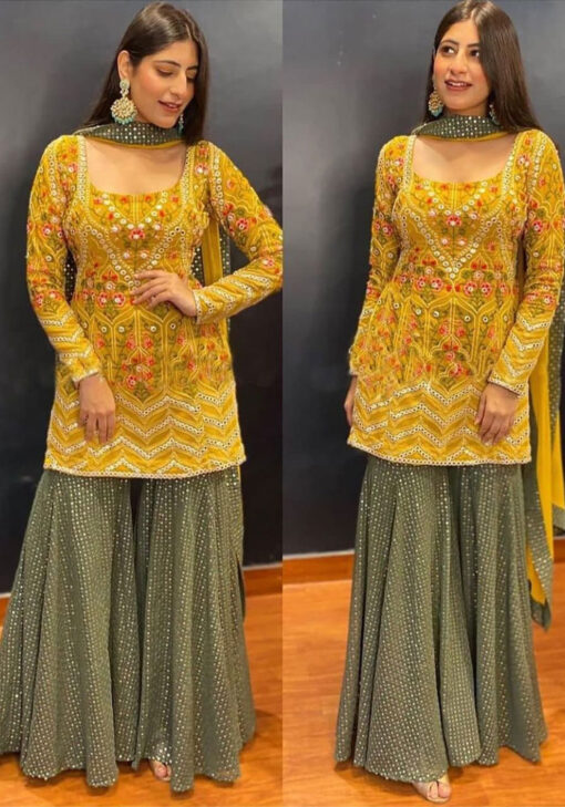 Exclusive Yellow Sharara Suit by Designer Yankita kapoor with Sequin Embroidery