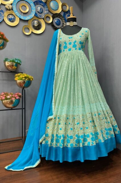 Pretty Party Wear Gown Style Kurti in Blue Colour for Ethnic Women