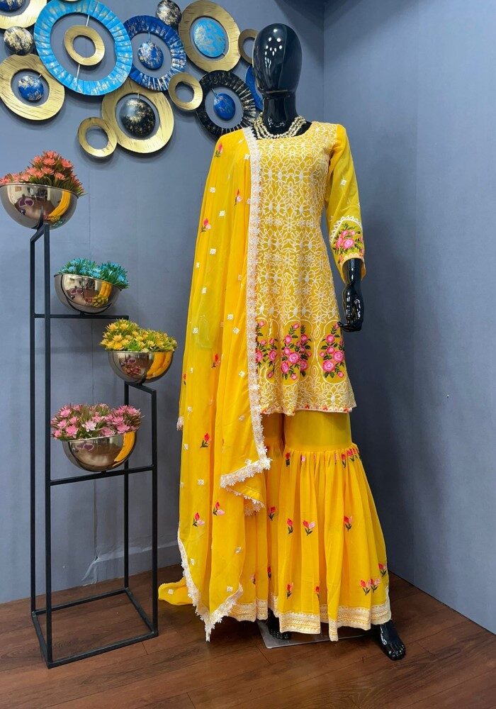 14342 LATEST STYLISH WEDDING HALDI SPECIAL DESIGNER MIDI STYLE SHARARA SUIT  SUPPLIER IN INDIA MAURITIUS UK - Reewaz International | Wholesaler &  Exporter of indian ethnic wear catalogs.