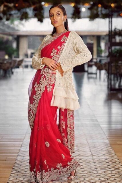 Classic Glam Red Saree With Stylish White Koti