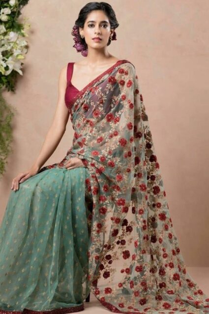 Desirable Sky Blue  Saree With Sequence Embroidery
