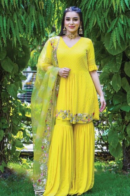 Eye Catching Yellow Sharara Suit With Radiant Embroidery for Women Eye Catching Yellow Sharara Suit With Radiant Embroidery for Women