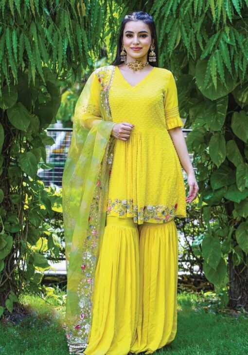 Eye Catching Yellow Sharara Suit With Radiant Embroidery for Women