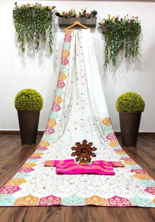 Fashionista White-Pink Embroidery Saree For Women