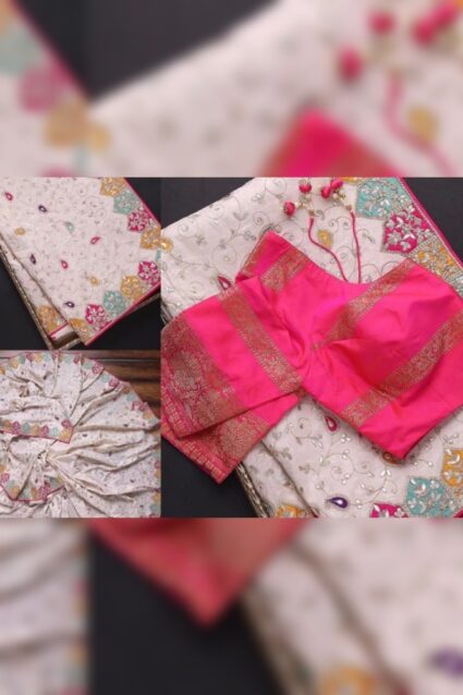 Fashionista White-Pink Embroidery Saree For Women