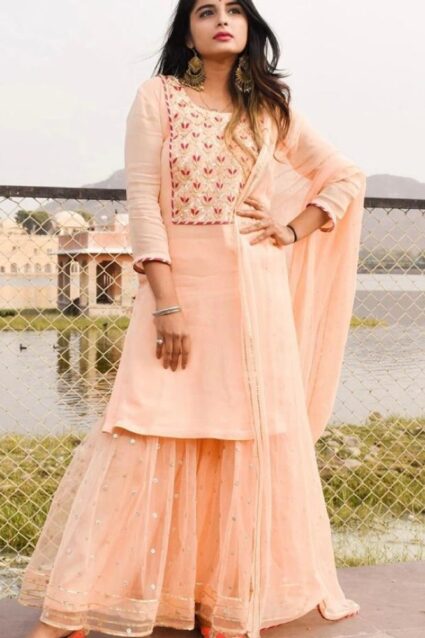 Fully Stitched Fabulous Sharara Suit in Peach Colour for Women Fully Stitched Fabulous Sharara Suit in Peach Colour for Women