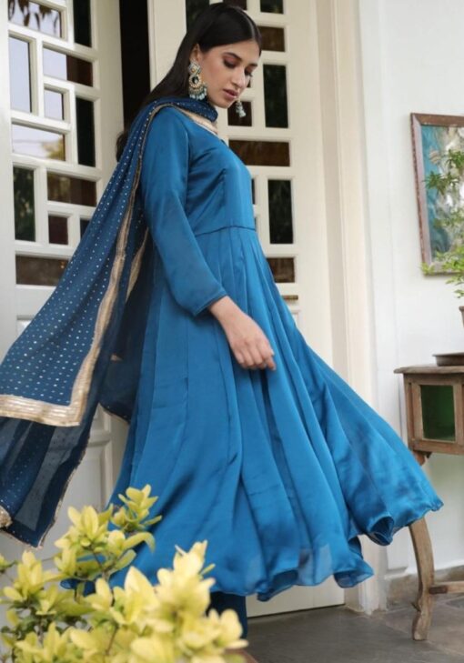 Modern Girl Navy Blue Designer Suit On Heavy Rangoli Satin Fabric