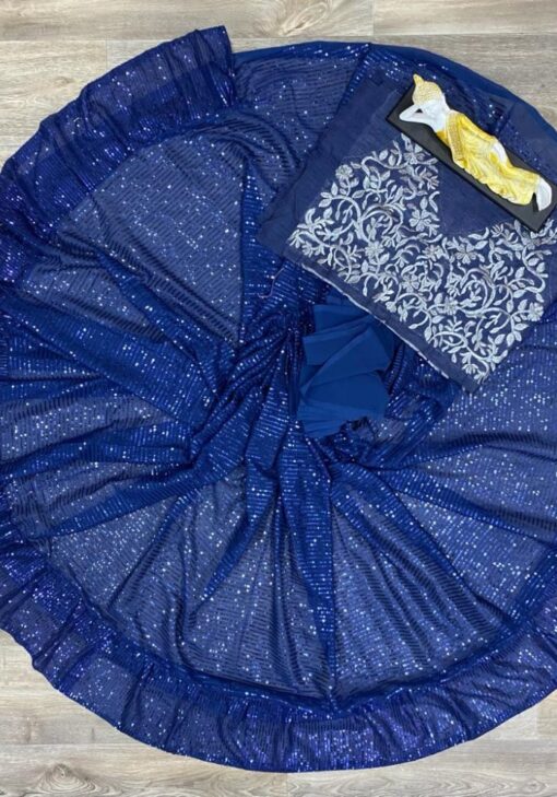 Party Wear Luxurious Saree in Navy Blue With Sequin Work