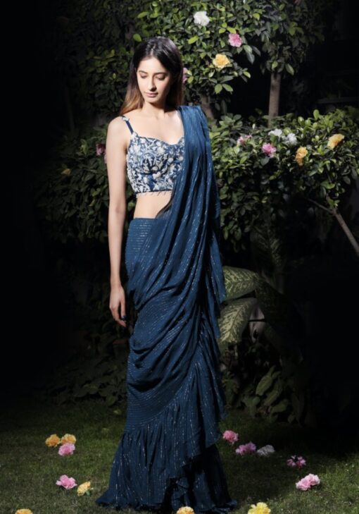 Party Wear Luxurious Saree in Navy Blue With Sequin Work