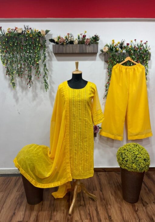 Readymade Punjabi Yellow Palazzo Suit for Women with Thread Work