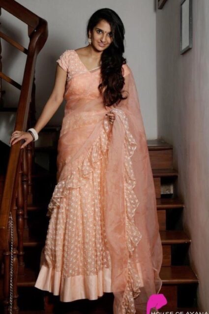 Ruffled Flared Peach Saree For Women