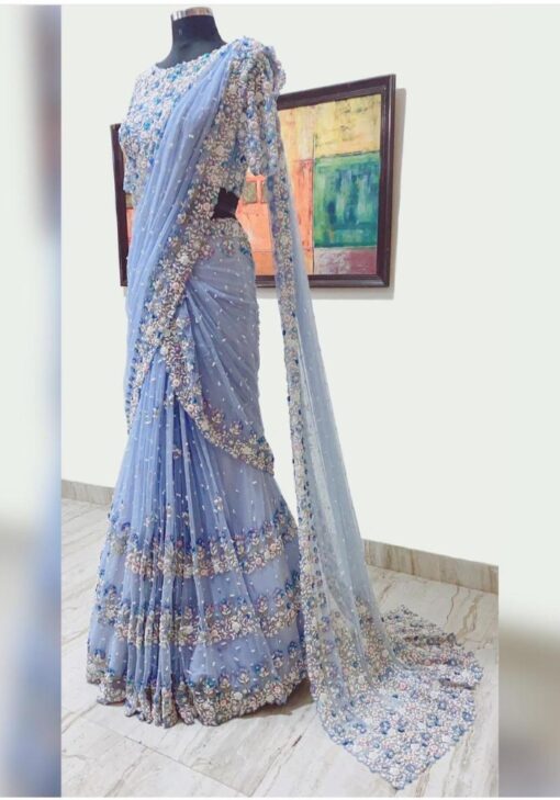 Shine Bright In Sky-Blue Designer Saree Crafted with Fine Pearl Work