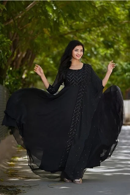 Solid Elegant Black Anarkali Suit with Hand Work Embroidery For Women
