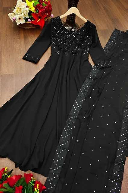 Solid Elegant Black Anarkali Suit with Hand Work Embroidery For Women
