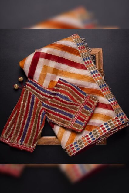 Multi Color Studded Saree On Premium Organza Silk Fabric With Digital Print