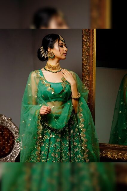 Desi Chick Green Fancy Lehengha Choli With Dupata On Geogrette
