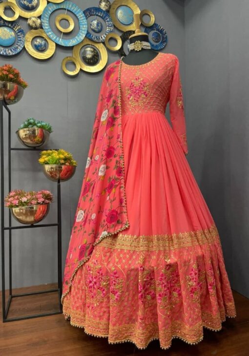 Baby Pink Color Most Desired Gown On Fox Georgette