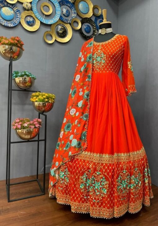Orange Color Most Desired Gown On Fox Georgette