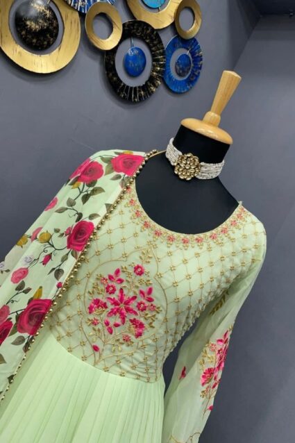 Light Green Color Most Desired Gown On Fox Georgette