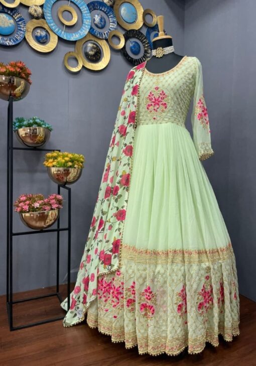 Light Green Color Most Desired Gown On Fox Georgette