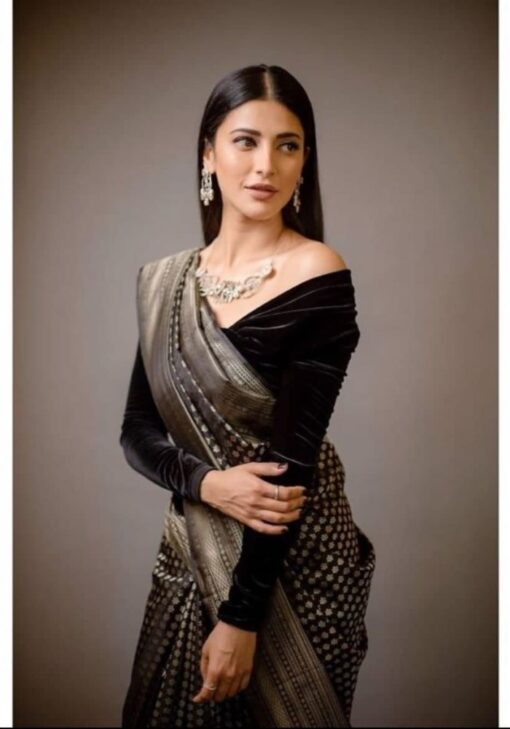 Bollywood Shruti Haasan Designer Black Saree With Rich Velvet Pallu