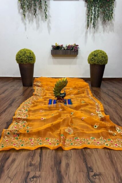 Premium Orange Silk Saree for Women With Contrast Blouse