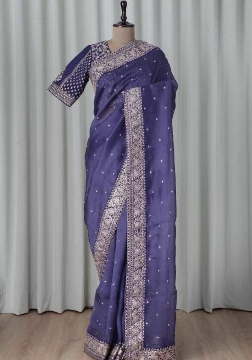 Violet Color Luxurious Saree On Organza Silk Fabric With Coding And Sequin Work