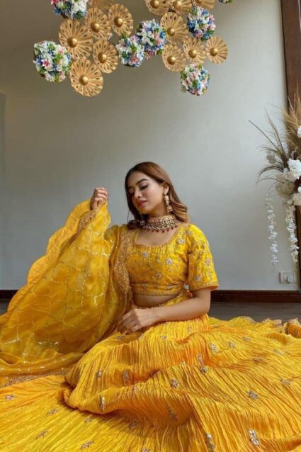 Crushed Style Yellow Color Haldi Special Lehengha Choli With Dupata