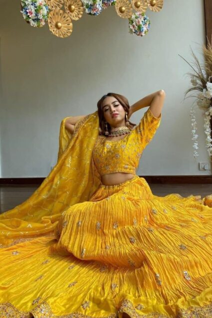 Crushed Style Yellow Color Haldi Special Lehengha Choli With Dupata