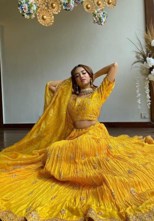 Crushed Style Yellow Color Haldi Special Lehengha Choli With Dupata