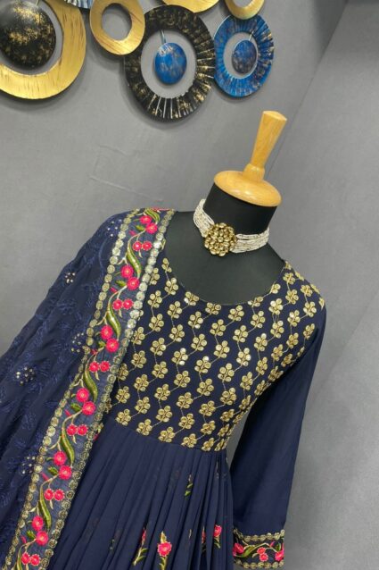 Dark Blue Color Luxurious Kurti On Georgette With Embroidery Work