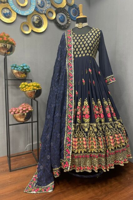 Dark Blue Color Luxurious Kurti On Georgette With Embroidery Work