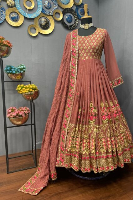 Peach Color Luxurious Kurti On Georgette With Embroidery Work