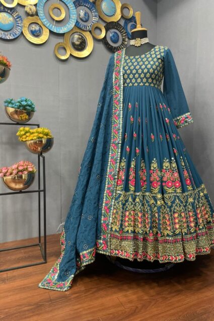 Navy Blue Color Luxurious Kurti On Georgette With Embroidery Work