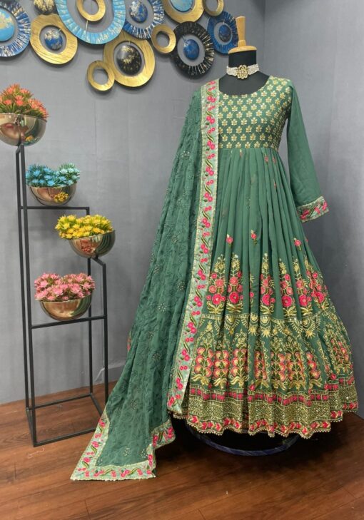 Dark Sea Green Color Luxurious Kurti On Georgette With Embroidery Work