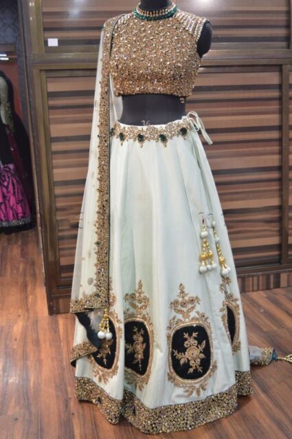 White Color Fancy Lehenga Choli On Heavy Banglory With Embroidery Work