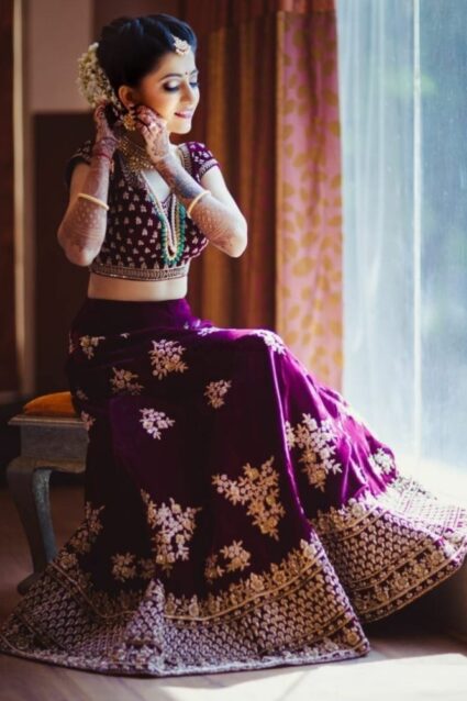 Violet Color Beautiful Lehenga Choli On Heavy Velvet With Embroidery Work