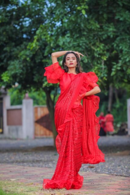 Red Color Sparking Saree On Georgette