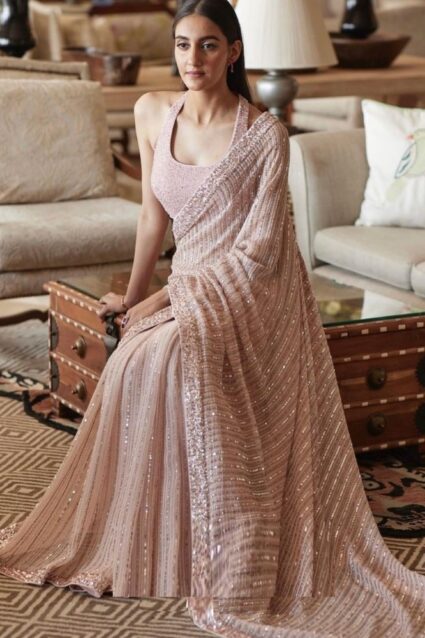 Peach Color Sparking Saree On Georgette