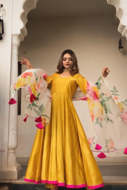 Yellow Color Classic Salwar Suit On Tafeta Silk