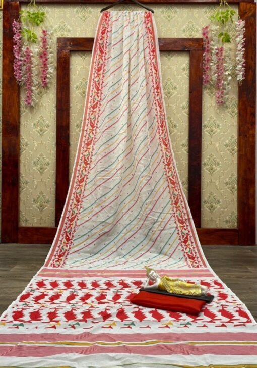 Red And White Color Beauteous Saree On Chanderi