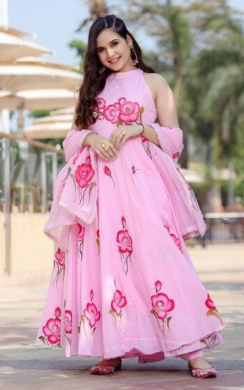 Baby Pink Color Beauteous Palazzo Suit On Crepe With Printed Work