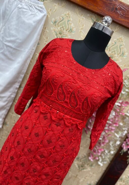 Red Color Classic Palazzo Kurti On Royan Sequin And Embroidery Work