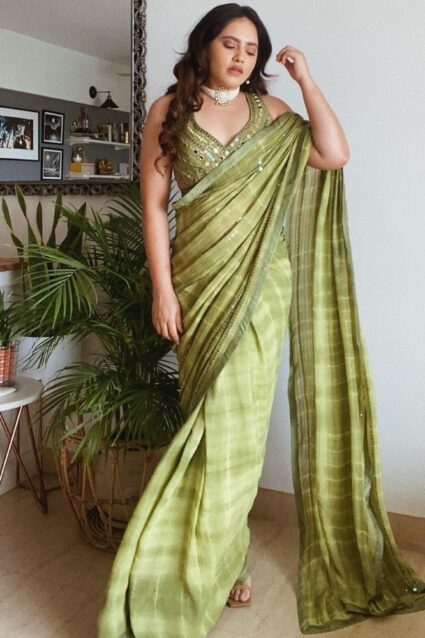 Green Color Stylish Saree On Georgette With Sequin And Embroidery Work