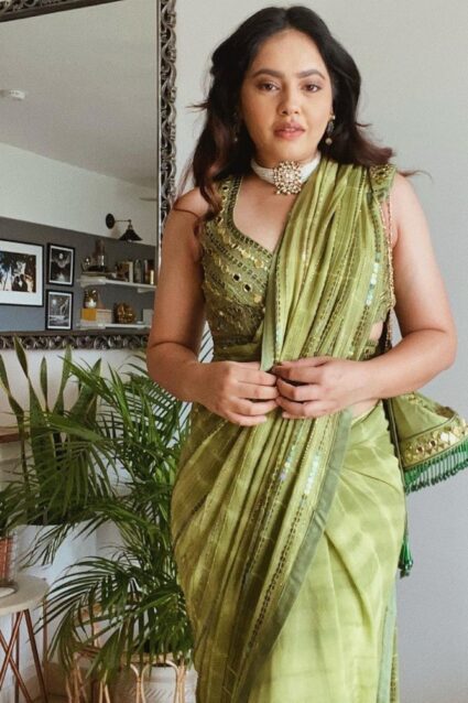 Green Color Stylish Saree On Georgette With Sequin And Embroidery Work