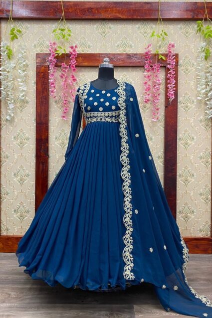 Dark Blue Color Anarkali Suit On Georgette With Embroidery Work