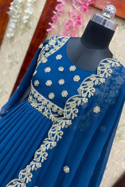 Dark Blue Color Anarkali Suit On Georgette With Embroidery Work