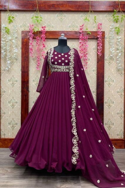 Purple Color Anarkali Suit On Georgette With Embroidery Work