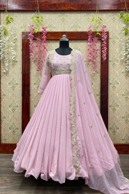 Baby Pink Color Anarkali Suit On Georgette With Embroidery Work
